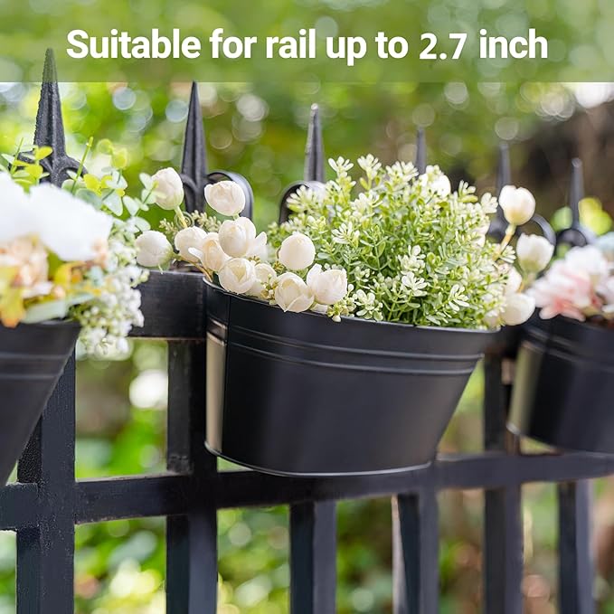Dahey 10.5 Inch Metal Iron Hanging Flower Pots for Railing Fence Hanging Bucket Pots Countryside Style Window Flower Plant Holder with Detachable Hooks Home Decor,Black,5 Pcs Dahey