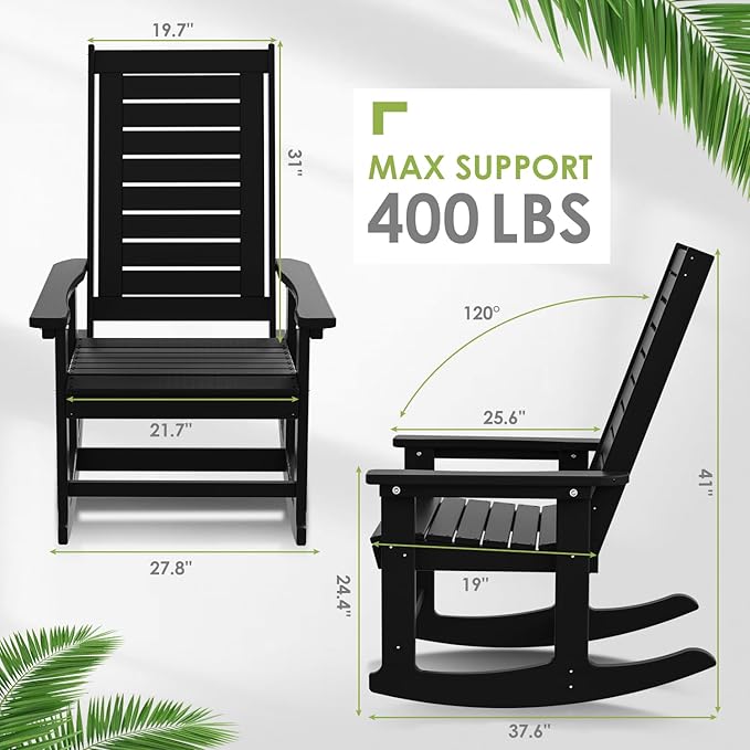 GREENVINES Outdoor Rocking Chair Set | 3-Piece | 2 Rocking Chairs with 1 Side Table | Porch Rocker | HDPE Plastic | Black | Patio Furniture Sets | High Back | Big & Tall | Ladder Back GreenVines