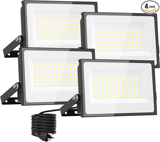 Onforu 80W Flood Lights Outdoor, 8000lm Bright LED Work Light with Plug, 6500K Daylight White LED Flood Lighting, IP66 Waterproof Security Yard Lights for Garage Stadium 4 Pack Onforu