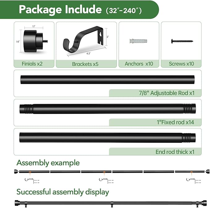 Time Forest Curtain Rods for Windows 32 to 240, 1 Inch Adjustable Black Heavy Duty Long Window Outdoor Curtain Rod for Patio, Modern Drapery Rods with Simple End Caps, Size 32"-240" TimeForest