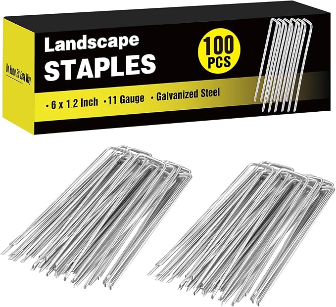 HongWay 100 Pack 6 Inch Landscape Staples, Galvanized Garden Stakes 11 Gauge U-shaped Tent Stakes Yard Pins Plant Cover Stakes Ground Staples for Landscaping Fabric, Lawn, Turf, Fence, Irrigation Hose HongWay