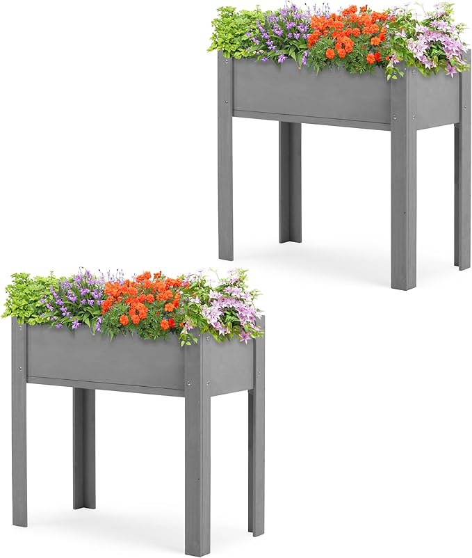 SoliWood Set of 2 Raised Garden Bed with Legs, 31x16x31'', Outdoor Wood Elevated Planter Box, Grey Cedar, Thick Legs, w/Liner OutdoorFurniture