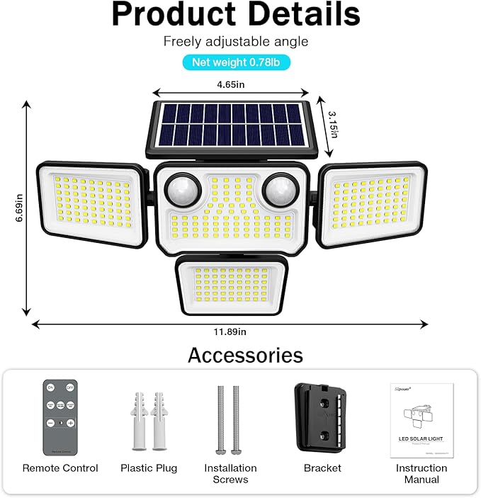 4500LM Solar Lights Outdoor Waterproof, 254 LED Solar Flood Lights Outdoor with 2 Motion Sensor, 4 Heads Security Light with Remote Control for Yard Outside House Garage 3 Pack SZPOWER