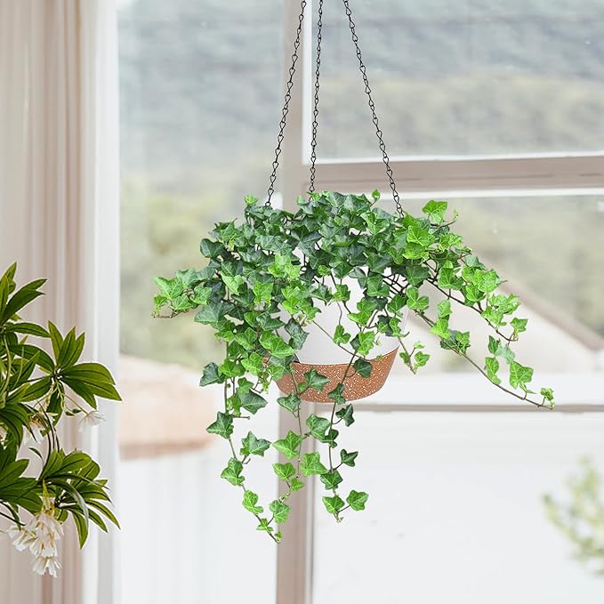 10/9/8 Inch Hanging Planter for Indoor Outdoor Plants, 3 Pack Self-Watering Hanging Pot with Drainage Holes Hanging Planter Baskets Plant Pots with Removable Tray (White+Brown) Lucieblessdesign