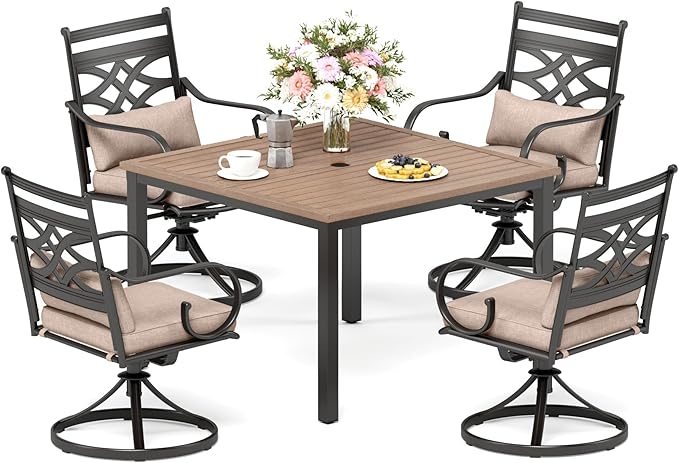 PHI VILLA Outdoor Patio Table, Square Metal Steel Slat Table with 1.57”- 1.9” Adjustable Umbrella Hole, Weather-Resistant Outdoor Dining Table for Garden Deck, 42" x 42" x 28.7", Brown PHIVILLAThepioneerofcomfortablehouseholdsupplies