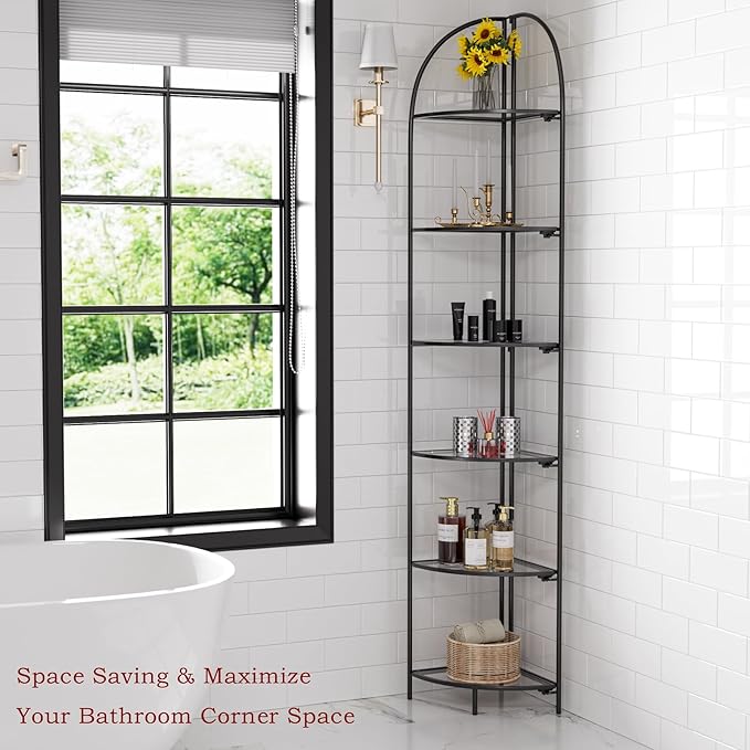 Crofy Foldable 6 Tier Corner Shelf, Metal Corner Plant Stand with Black Frame and Transparent Shelves, Corner Display Rack Multipurpose Shelving Unit for Living Room, Bedroom, Bathroom CrofyLLC