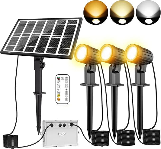 CLY Solar Landscape Spotlights, Solar Lights Outdoor IP66 Waterproof, Remote Control 2 Dynamic Modes 3 Brightness Adjustable 2700-6500K Auto On/Off 11M Cable for Garden Pathway Trees Flag 3 in 1 CLY