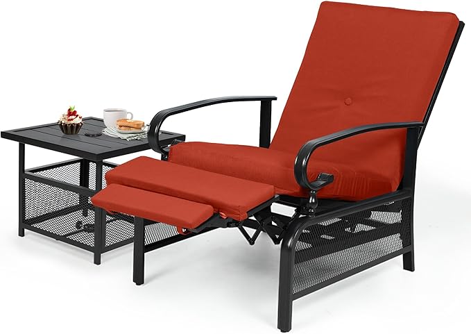 Oakcloud Adjustable Outdoor Lounge Chair Metal Patio Relaxing Recliner Chair Set with Bistro Table and Removable Cushions(Red) OckcloudPatioFurniture