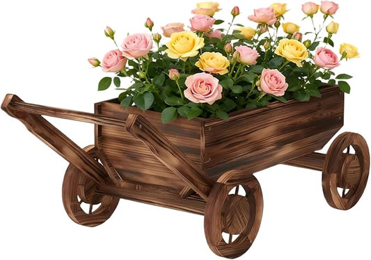 Wooden Flower Cart with Wheels Wooden Wagon Planter Outdoor Garden Planter Decor Planter for Patio Balcony Trolley Decoration Succulent Flower Pot, Indoor Backyard Balcon Decor（Large） Dawnyard