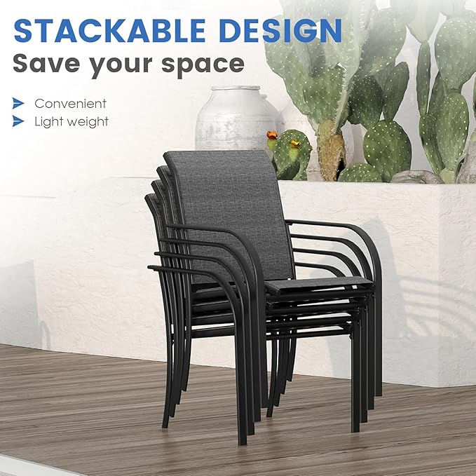 VICLLAX 5 Pieces Patio Dining Set for 4, Outdoor Furniture Set Includes 40.7" Round Patio Table and 4 Patio Stackable Chairs, Grey Wood Grain Tabletop and Grey Fabric HOME