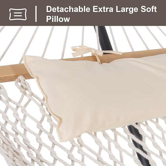 SUNCREAT Double Outdoor Hammock with Stand Included, Portable Cotton Rope 2 Person Hammock for Outdoor, Patio, Garden, Backyard, Beige SUNCREAT