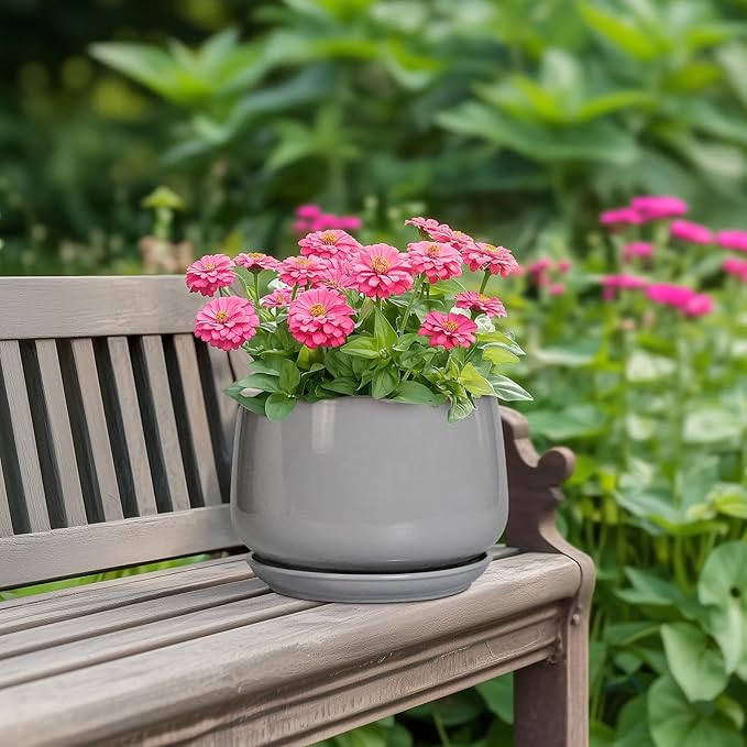 G EPGardening Modern Ceramic Planter - 7 Inch Round Modern Plant Pot Indoor with Drainage and Ceramic Tray Indoor Outdoor for Flower, Vanity Decor, Birthday Gifts, Grey GEPGardening