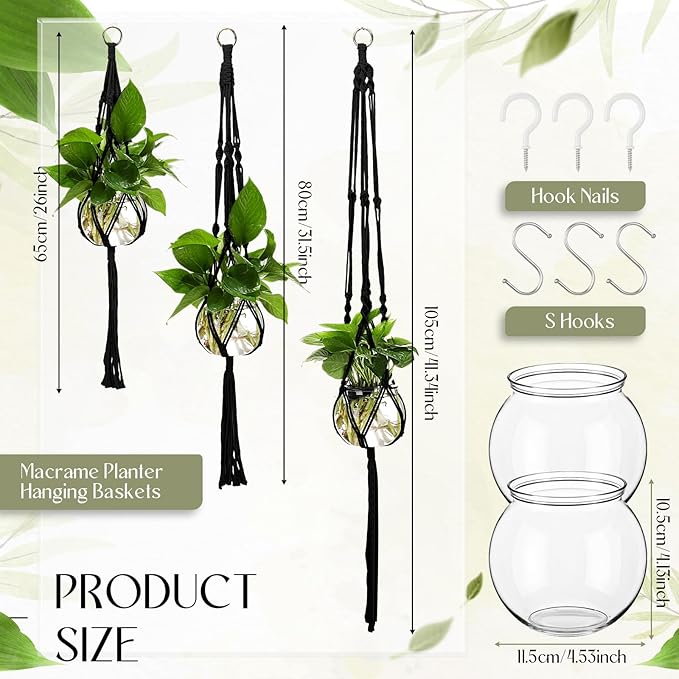 6 Pcs Plastic Plant Propagation with Boho Macrame Hanger Wall Plant Propagation Station Hanging Holder Include Hooks Kit for Indoor Home Garden Office Decor 3 Size (Black) Colingmill