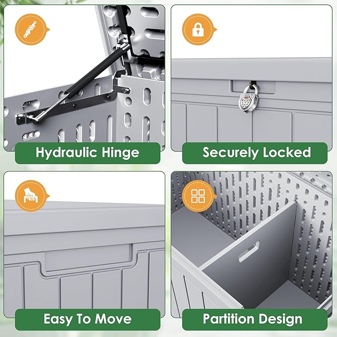 Devoko 260 Gallon Double-Wall Deck Box with Divider, Side Handles, Resin Outdoor Large Storage Box Waterproof and Lockable for Patio Furniture, Garden, Pool (Grey, 260 Gallon) DEVOKO