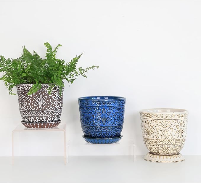 Gepege 6 Inch White Ceramic Planter, Plant Pot with Drainage Holes and Saucers for Indoor Plants, Birthday for Women Mom Gepege