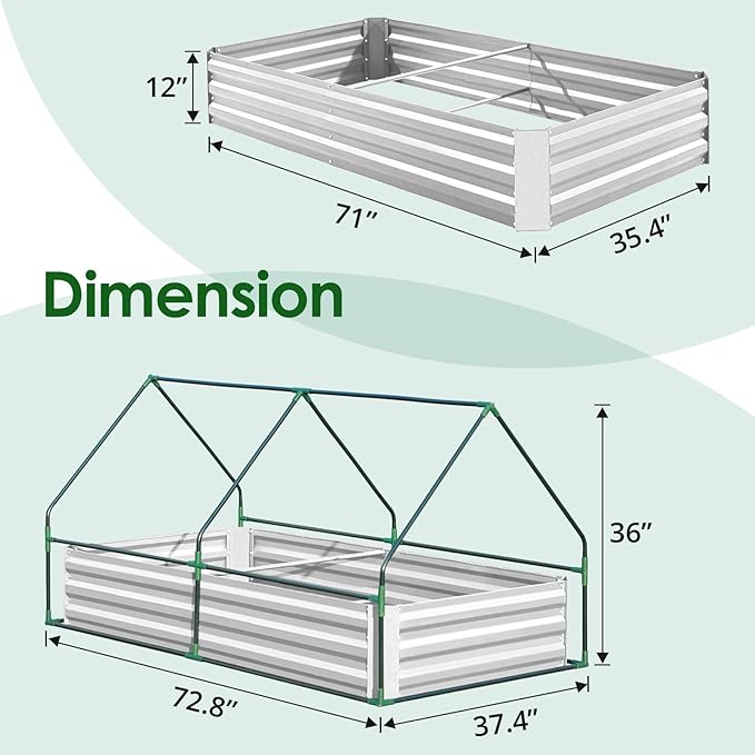 Quictent 6x3x1ft Galvanized Raised Garden Bed with Cover Metal Planter Bottomless Box w/ 2 Large Screen Windows Mini Greenhouse 20pcs T-Tags 1 Pair Gloves Outdoor Growing Vegetables (Green) QUICTENT