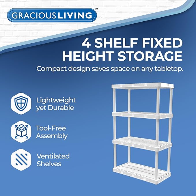 Gracious Living 4 Shelf Knect-A-Shelf Ventilated Light Duty Storage Home Organizer with Adjustable Shelves for Garage, Basement, and Laundry, White GraciousLiving