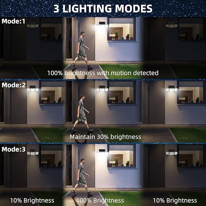 2500LM Solar Lights Outdoor with Motion Sensor,3 Head 270° Wide Angle Street Area Lights, IP65 Waterproof Security Lighting with 3 Modes(Non-Remote,2 Pcs) ChargebySunLightUpHome