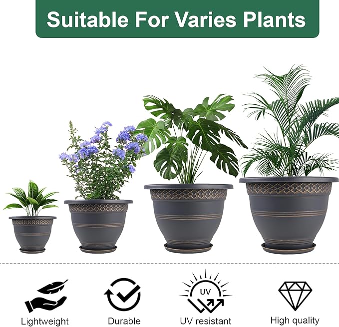 6 Pack 8 Inch Plant Pots, Plastic Flower Pot for Indoor & Outdoor with Drainage Holes & Saucer, Plaid Pattern Planters Garden Pots for Herbs Usocik