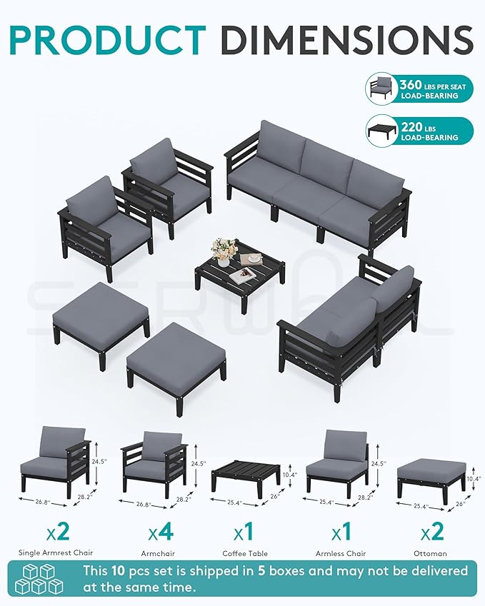 SERWALL HDPE Patio Furniture Set, 10 Pieces Outdoor Sectional Sofa Set, All-Weather Wood-Like Outdoor Sofa Couch with Coffee Table for Deck, Lawn, Black Frame with Grey Cushion SERWALL