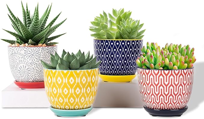 Selamica Ceramic Plant Pots, 4.6 Inch Flower Pots for Indoor Plants, Succulent Pots with Drainage Hole & Saucer, Succulent Planters for Succulent Cactus, Home Decor, Set of 4, Assorted Colors Selamica