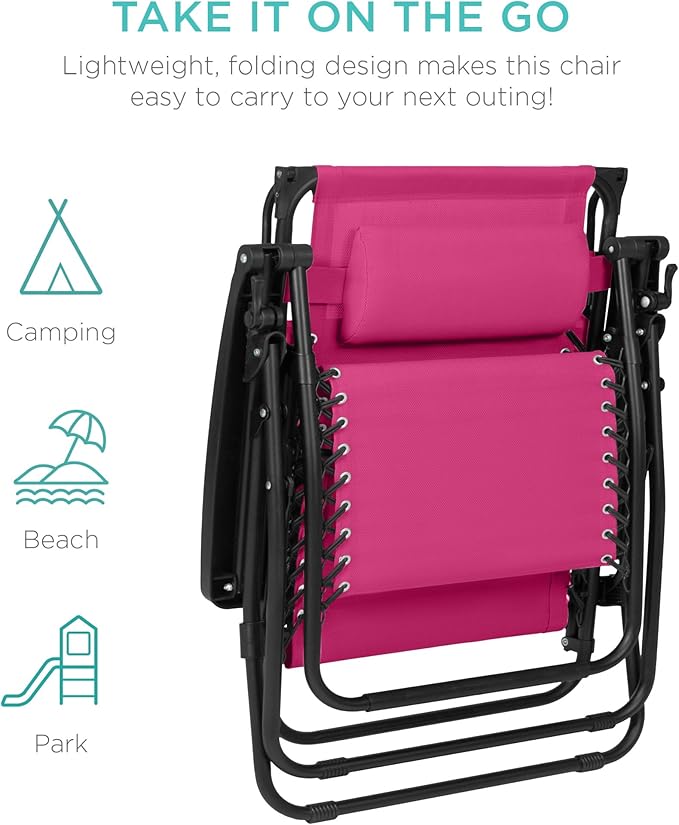 Best Choice Products 30” Wide Folding Zero Gravity Outdoor Recliner Patio Lounge Chair w/Adjustable Canopy Shade, Headrest, Side Accessory Tray - Hot Pink/Black BestChoiceProducts