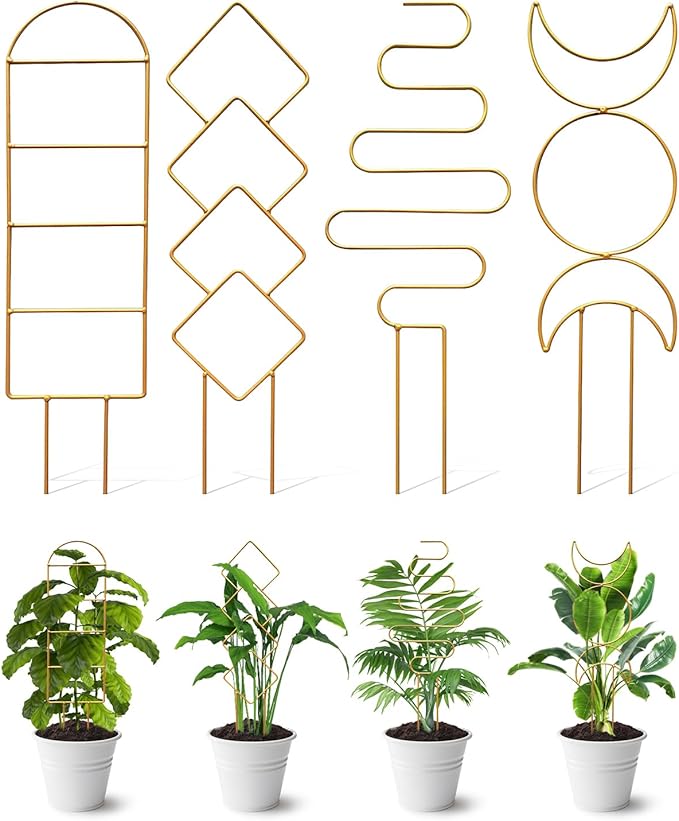4 Pack Indoor Climbing Plant Trellis, Small Trellis for Potted Plants Outdoor, Metal Garden Trellis Plant Support Trellis with Different Patterns for Vine Ivy Flower (Golden) Whtawtaw