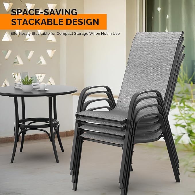 VINGLI Patio Chairs Set of 8 – Stackable Outdoor Dining Chairs with Comfortable Sling High Back Chairs and Armrests for Lawn, Poolside, Courtyard, Balcony, Garden, Silver Gray VINGLI