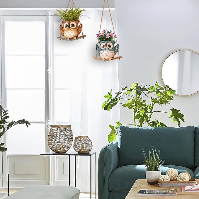 Swing Owl Hanging Planters for Indoor Plants, Cute Small Succulent Pots with Drainage Hole, Unique Resin Plant Hangers Outdoor, Hanging Plant Holder for String Of Pearls, Gift Ideas for Mother Saysmile