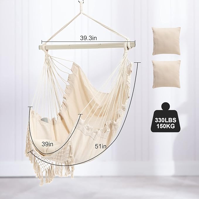 Hammock Chair, Hanging Rope Swing Seat with 2 Cushions,Macrame Hanging Chair Side Pocket with High Load-Bearing Metal Rod,for Indoor, Outdoor, Extra Comfortable YAERSI