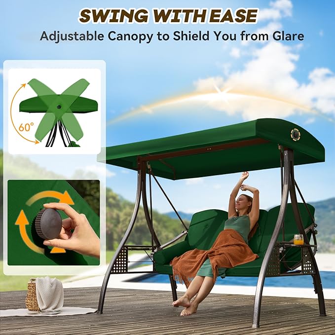 3 in 1 Outdoor Porch Swing with Adjustable Canopy, 3 Seat Outdoor Swing for Adults, Patio Swing Chair with Thickened Cushions,Pillows & Cup Holders for Backyard, Porch, Garden (Green) YALISSEY