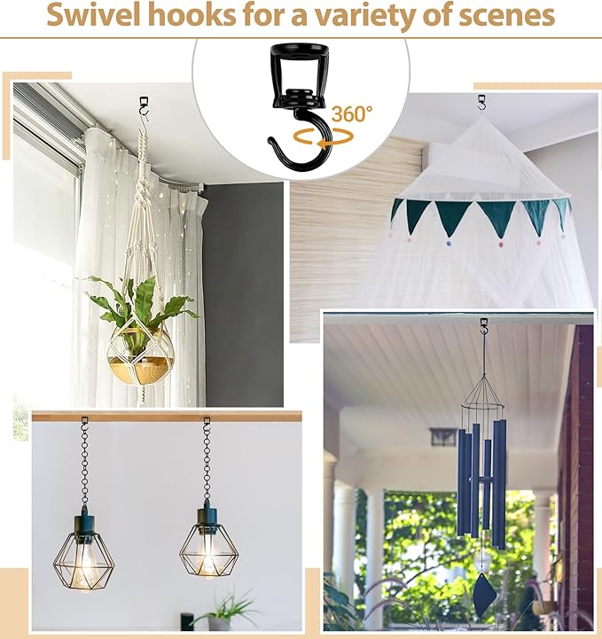 Mkono Ceiling Hooks for Hanging Plants, Heavy Duty Metal Plant Hanger for Drop Ceiling, Swag Hook for Hanging Planters, Lights, Birdfeeders, Indoor Outdoor Decorative Screw-in Hooks (Black 2 Pack) Mkono