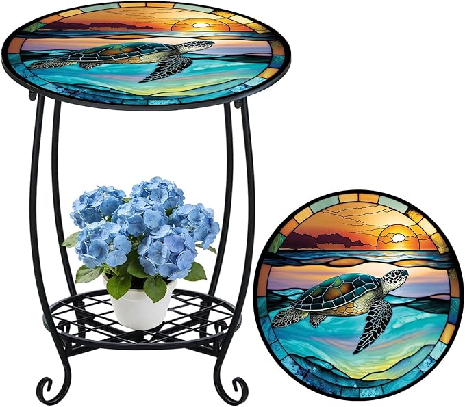 Outdoor Side Table Round Small Mosaic Patio Accent Indoor End Plant Coffee Tea Table for Yard Patio Porch Garden Living Room, Bedroom(Turtle Style,18 Inch) Cinnvoice