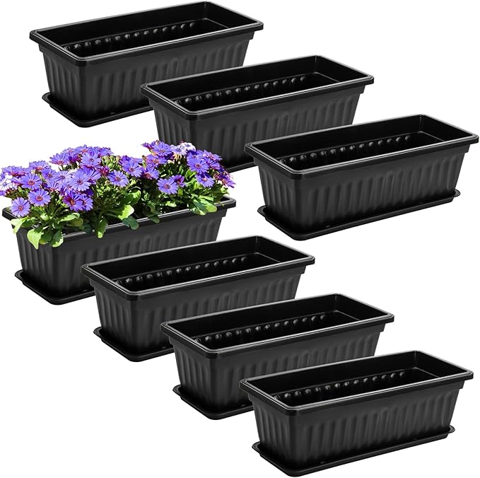 Fasmov 7 Pack 17 Inches Flower Window Box Plastic Vegetable Planters with Trays Vegetables Growing Container Garden Flower Plant Pot with 7 Pcs Plant Labels for Balcony, Patio, Garden, Black Fasmov