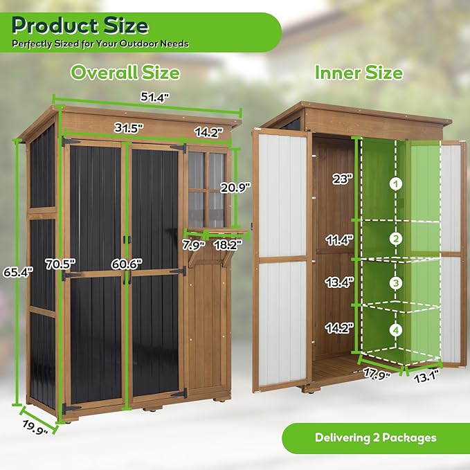 51" L Outdoor Storage Cabinet Waterproof with Shelves, Outside Storage Shed Backyard Tall Cabinet with Fold-Out Table for Patio, Garage, Garden, Pool Accessories Storage PETSCOSSET
