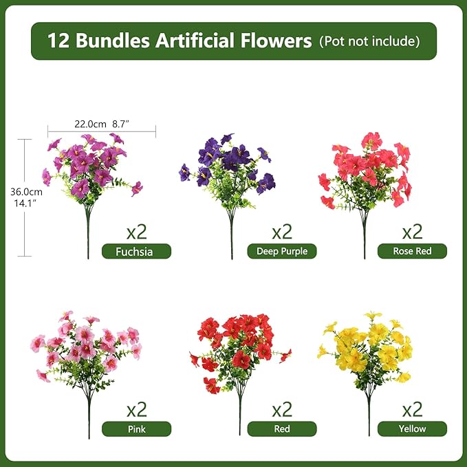 INQCMY Artificial Fake Petunias Flowers for Outdoors Spring Decoration, 12 Bundles Faux Plants Outdoor UV Resistant Realistic Silk Flower for Outside Planters Patio Porch Yard Window Box INQCMYPlantRack