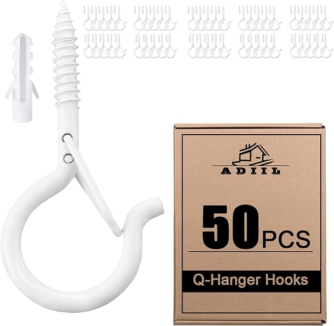 ADIIL 50 PCS Q Hanger Hooks with Safety Buckle, Windproof Screw Hooks for Hanging Outdoor String Lights, Plants, Christmas Patio Lights, 2.2 Inches, White ADIIL