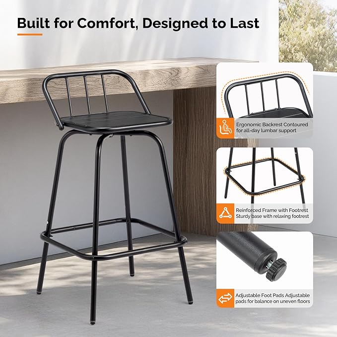 VINGLI 2 PCS Outdoor Swivel Bar Stools, 30 Inch Metal Barstools with Backrest & Footrest, 360° Rotating All-Weather Stools for Garden, Balcony, Kitchen Island (Black) VINGLI
