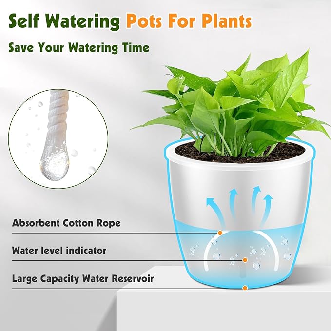 Self-Watering Pots for Indoor Plants, 8-Pack Self Watering Planter with Drainage Holes, Small African Violet Pots with Water Indicator, 5 Packs 5''/3 Pack 6.7'' Orchid Pot, White KvyusFlourish