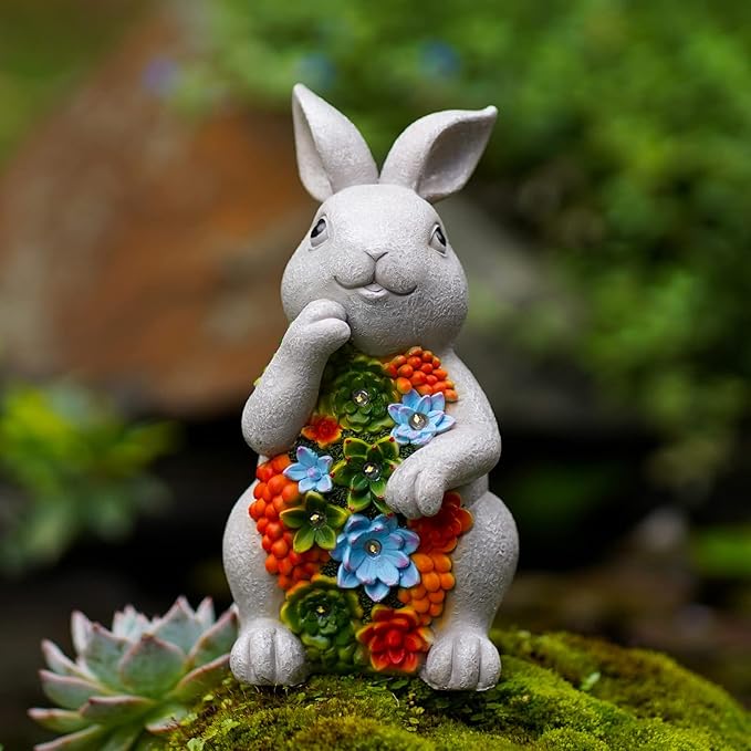 Nacome Solar Garden Outdoor Statues Bunny with Succulent and 7 LED Lights – Lawn Decor for Patio, Balcony, Yard Ornament - Chrismtas Gifts for Mom Grandma Nacome
