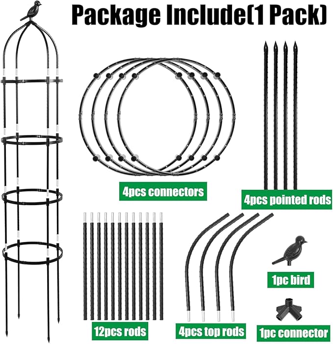 4-Pack 6FT Garden Obelisk Trellis for Climbing Plants,70”Metal Plant Support Tower, Heavy Duty Thickened Tube,Rustproof Black Flower Stand for Vines, Roses, Outdoor & Indoor Use TCBWFY