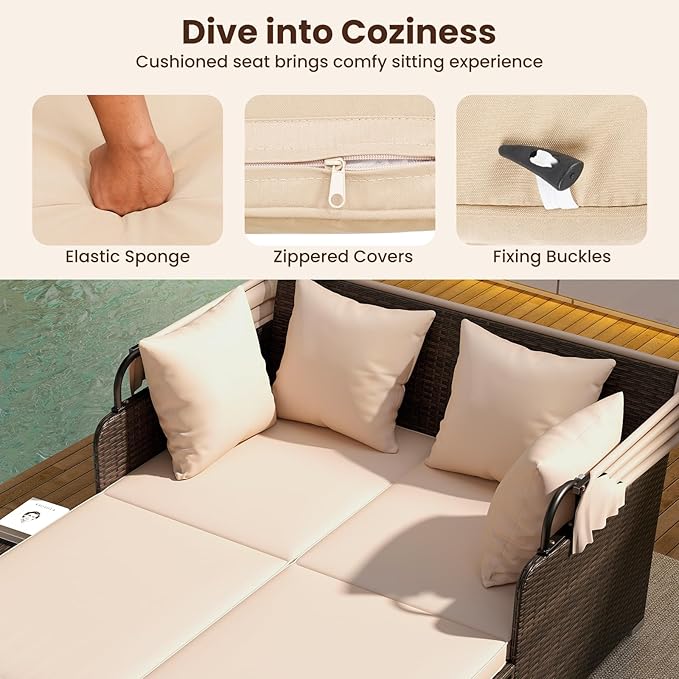 ORALNER Outdoor Daybed, 2-Person Wicker Patio Sofa with Retractable Canopy, Cushions & Pillows, 2 Side Trays, PE Rattan Double Sunbed for Deck Poolside Garden Balcony Backyard (Beige, Mix Brown) ORALNER