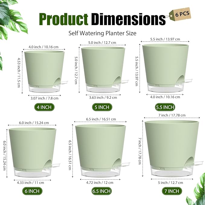 Plant Pots 4/5/5.5/6/6.5/7 Inch Self Watering Pots, 6 Pack Plastic Planters with Drainage Holes and Clear Saucers,Plastic Flower Pots,Nursery Planting Pot for Indoor Out Door Plants (Green) SQKH