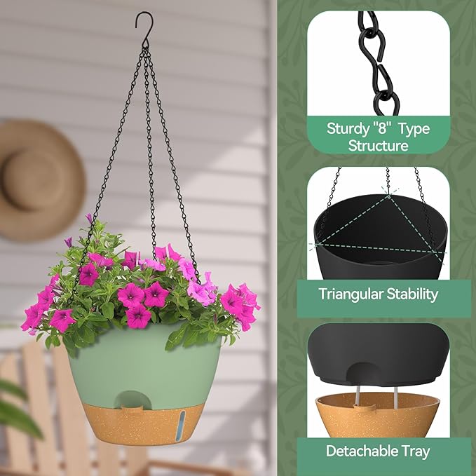 ZMTECH 12 Inch Hanging Planters for Indoor Outdoor Plants, 2 Pack Self Watering Hanging Plant Pots with Drainage Hole, Visual Reservoir, Plastic Flower Hanging Pots with Watering Lip (Green) HighQualityGardeningTools