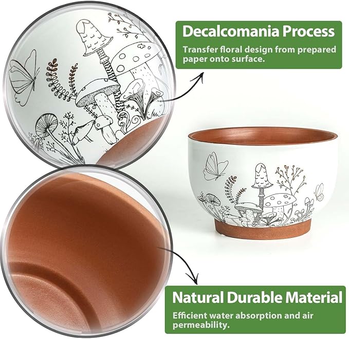 YBX 8 Inch & 6 Inch Terracotta Pots, Plant Pots, Flower Pots for Indoor Plants with Drainage, Planters with Mushroom Accent for Indoor Plants (Cottage) YBXYIBOXUAN