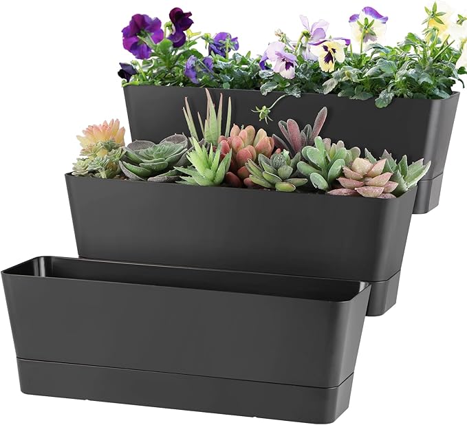 Window Box Planter with Tray, 12" Rectangle Plant Pot, Pack of 3 (Black) Sanbege