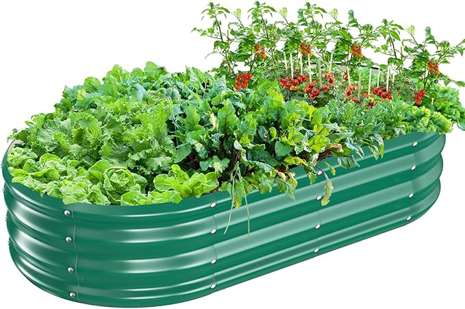 Oval Galvanized Planter Box, Metal Raised Garden Bed - 0.8MM Thick- Ideal for Outdoor Gardening and Planting of Vegetables Flowers Fruits Succulent Plants and Others (Green, 5X2.7X1 FT) TBMLC