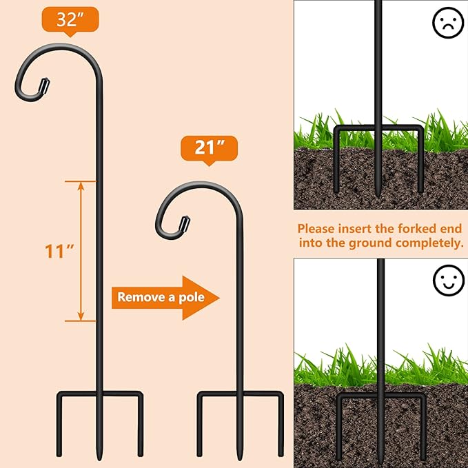 Gtongoko 8 Pack Shepherds Hooks for Outdoor 32 Inch Garden Hooks for Hanging Plants, Lanterns, Bird Feeders, Solar Lights, Mason Jars, Weddings Decor, Adjustable, Matte Black Gtongoko