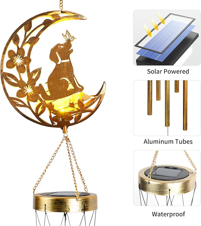Moon Dog Wind Chime Outdoor, Handcrafted Metal Garden Wind Chimes with Dog & Moon Charms, Soothing Wind Bells for Patio Porch Decor, Weatherproof Gift for Lovers & Pet Owners Rootora