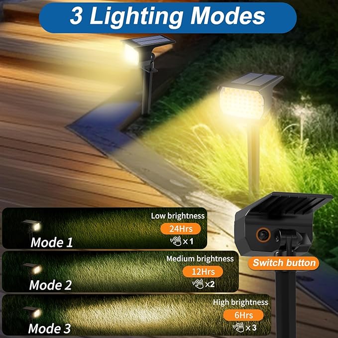 Solar Spot Lights Outdoor Waterproof IP65, 2 Pack Landscape Spotlights with 46 LEDs, 3 Modes Auto On/Off Solar Powered Flood Lights for Outside Pathway, Yard, Garden, Walkway (Warm White) WENATY